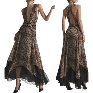 MANDALAY Grey Leopard Black Brown Silk Plunging V-Neck Maxi Dress Gown Sz 8 NWT